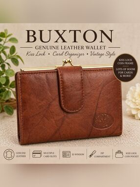 Buxton Brown Leather Kiss Lock Wallet Vintage Style Multi Compartment Organizer